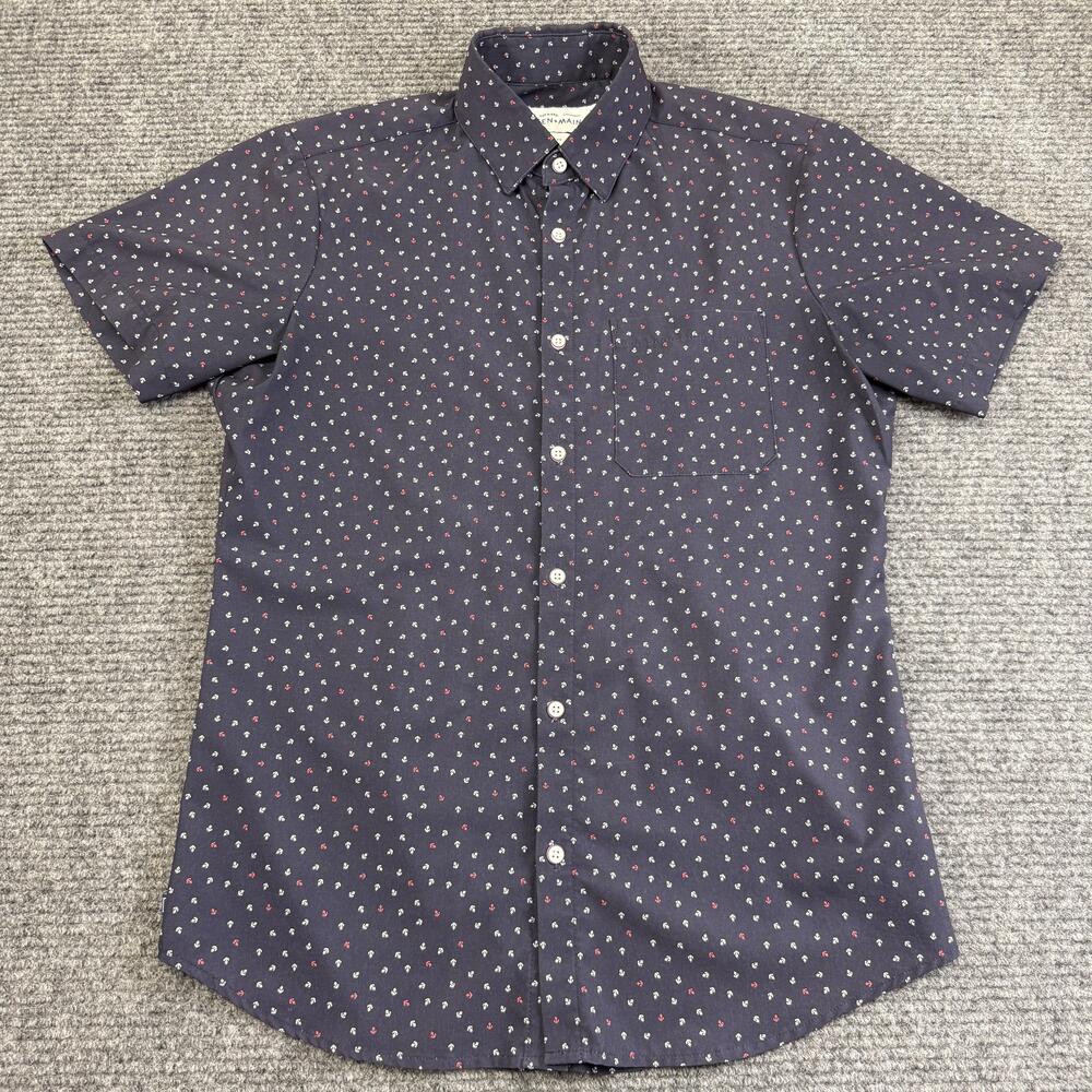 Mizzen+Main Shirt Mens Small Blue Anchor Print Short Sleeve Button Up Trim Fit